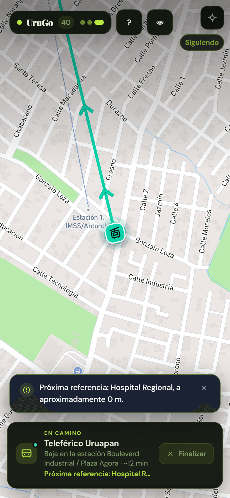 Modo viaje de UruGo mostrando la cabina animada sobre el recorrido del Teleférico