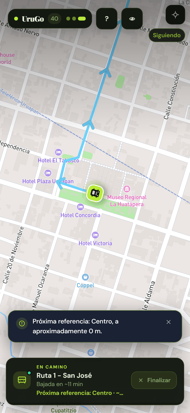 Modo viaje de UruGo mostrando el camión animado sobre una ruta urbana