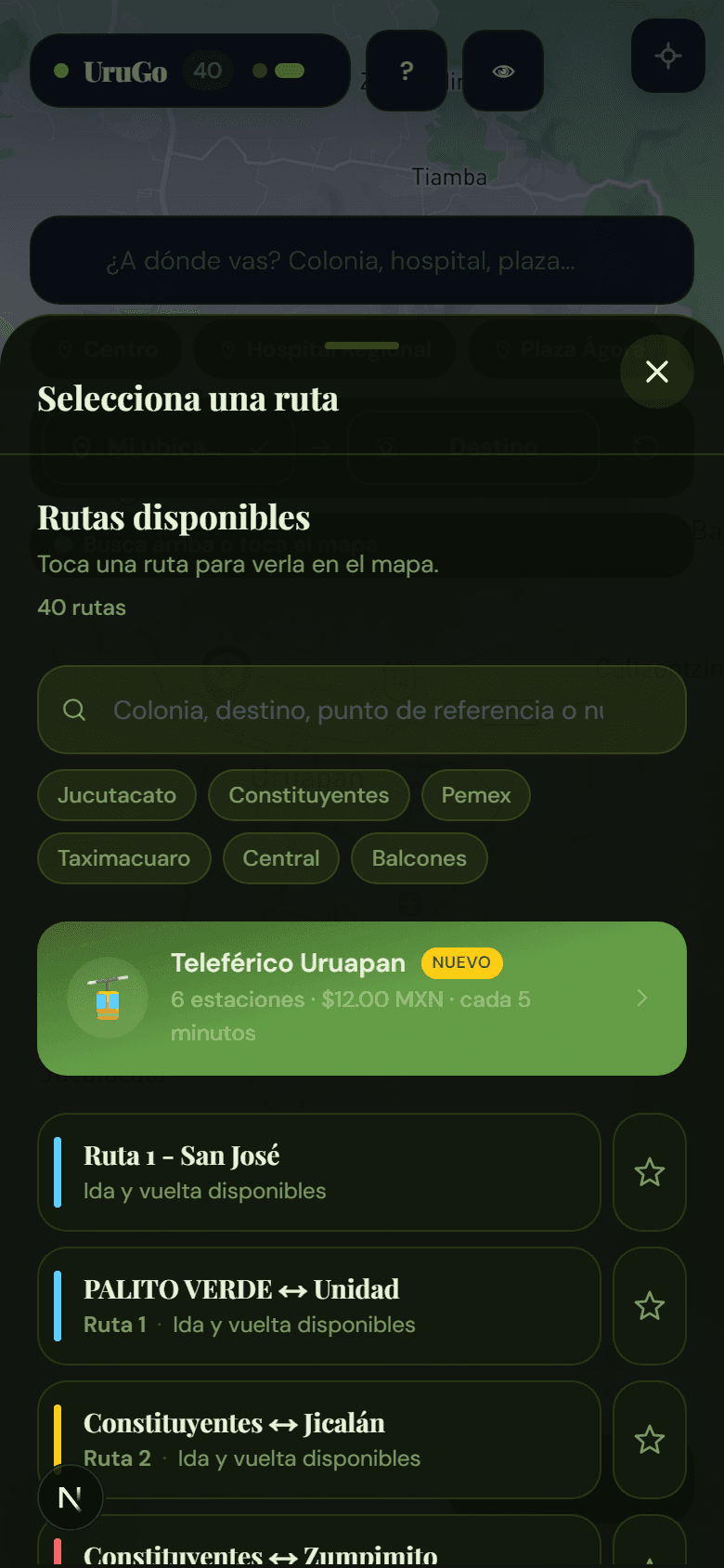 Selector de rutas de UruGo con búsqueda, favoritos y acceso al Teleférico