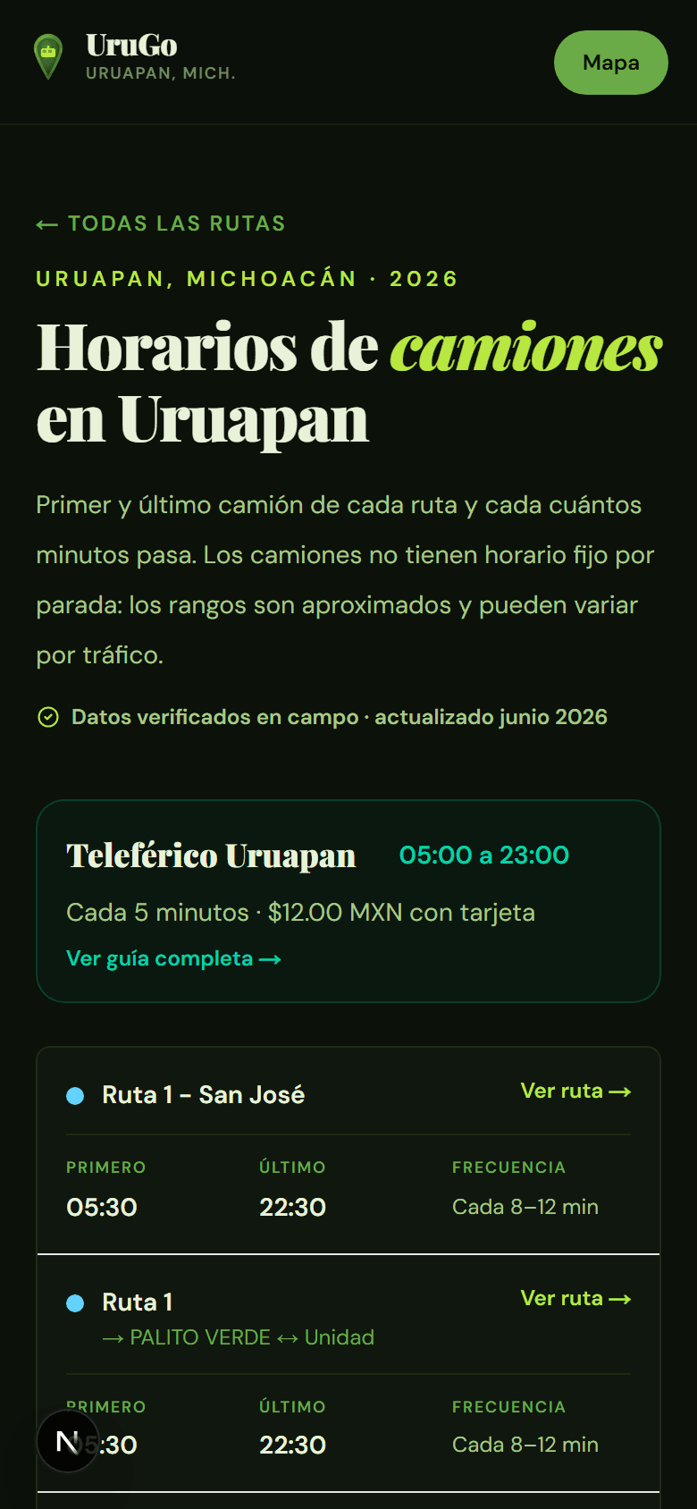 Página de horarios de camiones y Teleférico en Uruapan