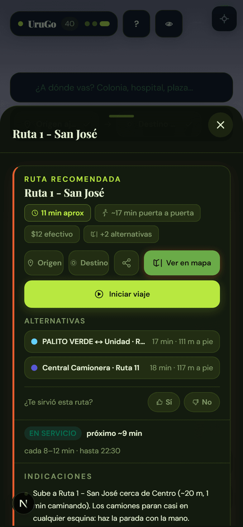 Resultado de una ruta recomendada con tiempo, tarifa, alternativas e indicaciones