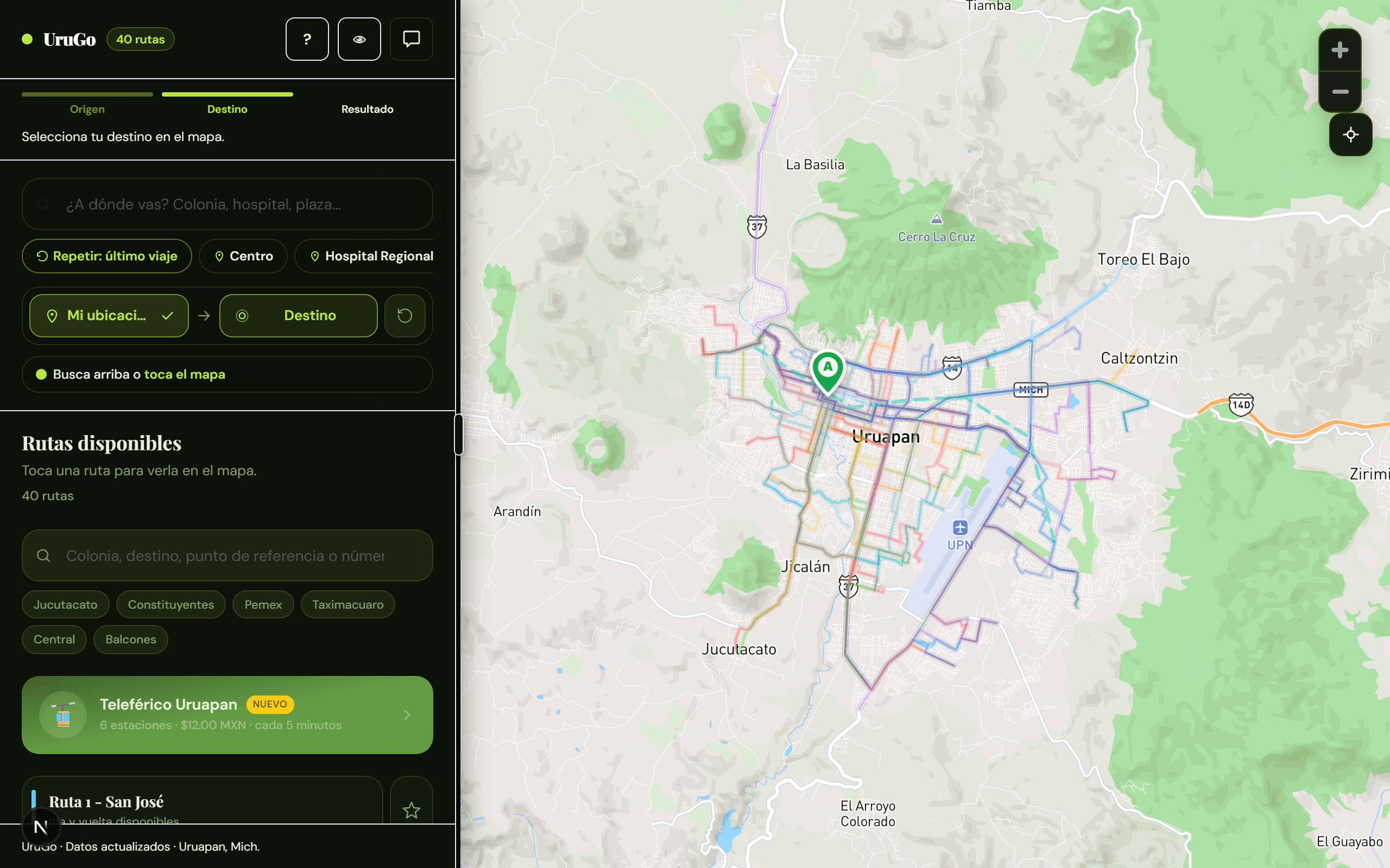 Mapa de UruGo mostrando las rutas de transporte de Uruapan